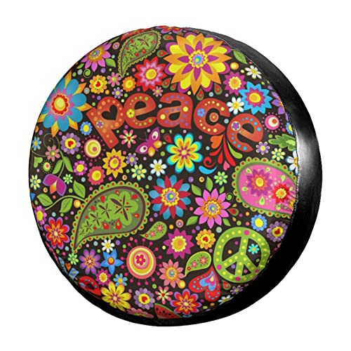 Image of Delerain Hippie Symbolic Colorful Floral Spare Tire Covers for RV Trailer SUV Truck and Many Vehicle, Wheel Covers Sun Protector Waterproof (15 Inch for Diameter 27 inch-29 inch)