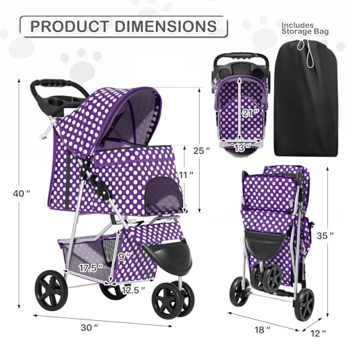 Image of MoNiBloom 3 Wheels Pet Dog Cat Stroller for Small Medium Dogs Cats, Foldable Jogger Stroller w /Storage Basket and Cup Holder, Purple Polka Dots
