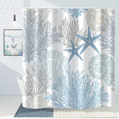 GKLEASG Nautical Beach Shower Curtain Blue Tropical Coral Ocean Seashell Starfish Machine Washable Waterproof Fabric for Bathroom Bathtub Decor with Hooks 72x72