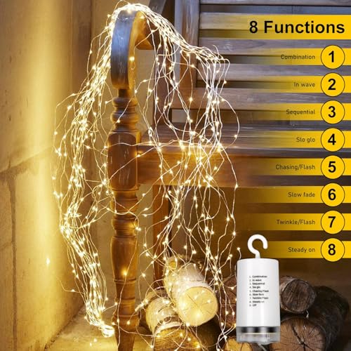 2 Stück Lichterkette Klein 2m 200 LED Lichterschweif Mit Batterie Und Fernbedienung, 8 Modi Wasserfall Lichterketten Wasserdicht Lichterbündel, LED Lichterbündel Für Innen Außen Garten Deko (Warmweiß)
