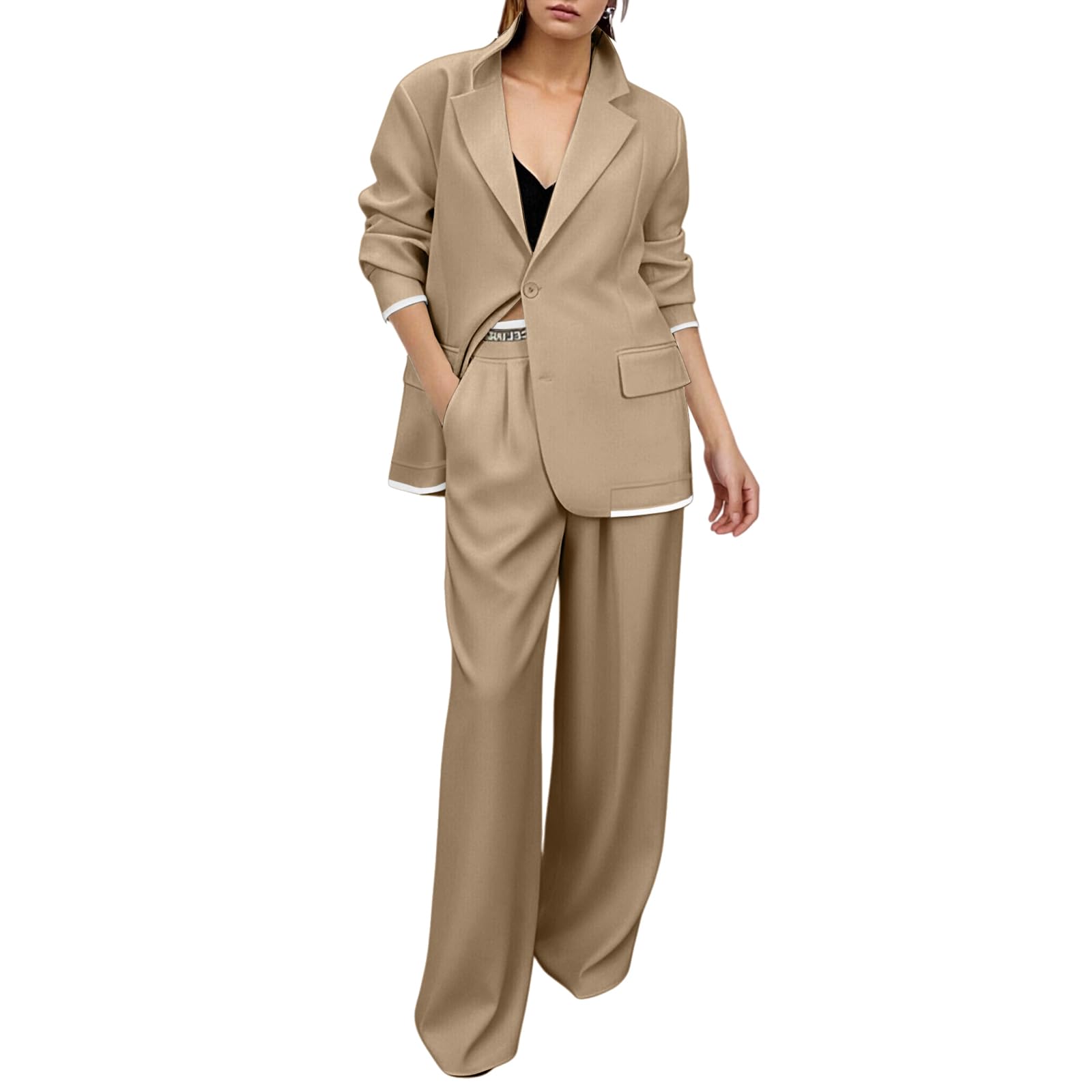 Pant Suits for Women Business Casual Oversized Jacket Wide Leg Work Pants Dressy Suit Set Casual Blazer 2