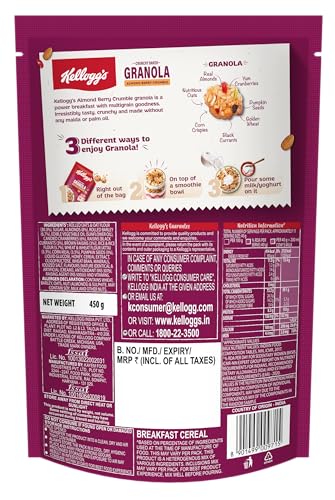 Image of Kellogg's Crunchy Almond Berry Crumble Granola 450g | 12-In-1 Power Breakfast | No Maida, No Palm Oil | Source of Protein & Fibre | Baked Multigrain Clusters (Pack of 2)