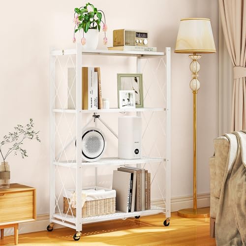 Image of 4-Tier Folding Metal Storage Rack - 50 inch Heavy-Duty Steel Frame with Wheels, No Assembly Utility Organizer, Rolling Shelving Unit for Kitchen, Garage, Pantry, Bedroom (White, 4 Tier)
