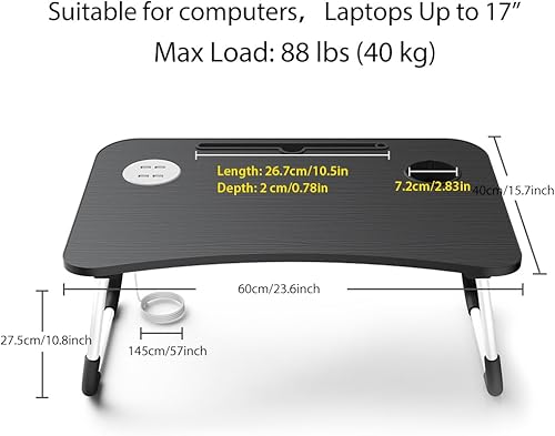 Miniatura 3 de Elekin Escritorio plegable para laptop, escritorio portátil para laptop, mesa de trabajo, mesa de trabajo, bandeja de cama con 4 puertos USBsoporte