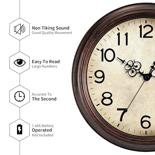 Image of KECYET Wall Clock Vintage, 12 Inch Wall Clocks Battery Operated, Retro Wall Clocks Silent Non Ticking Decorative for Kitchen Living Room Office Bathroom Farmhouse(Light Bronze)