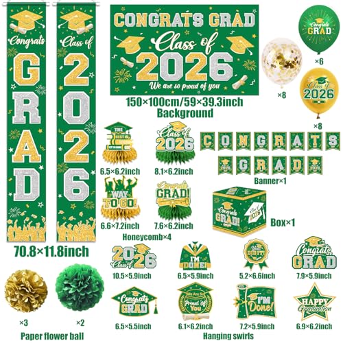 Image of Graduation Decorations Class of 2026 Green and Gold Graduation Decorations with Congrats Grad Banner,Backdrop,Porch Sign,Balloons,Hanging Swirls,Honeycomb Centerpieces,Box for Graduation Party Decor