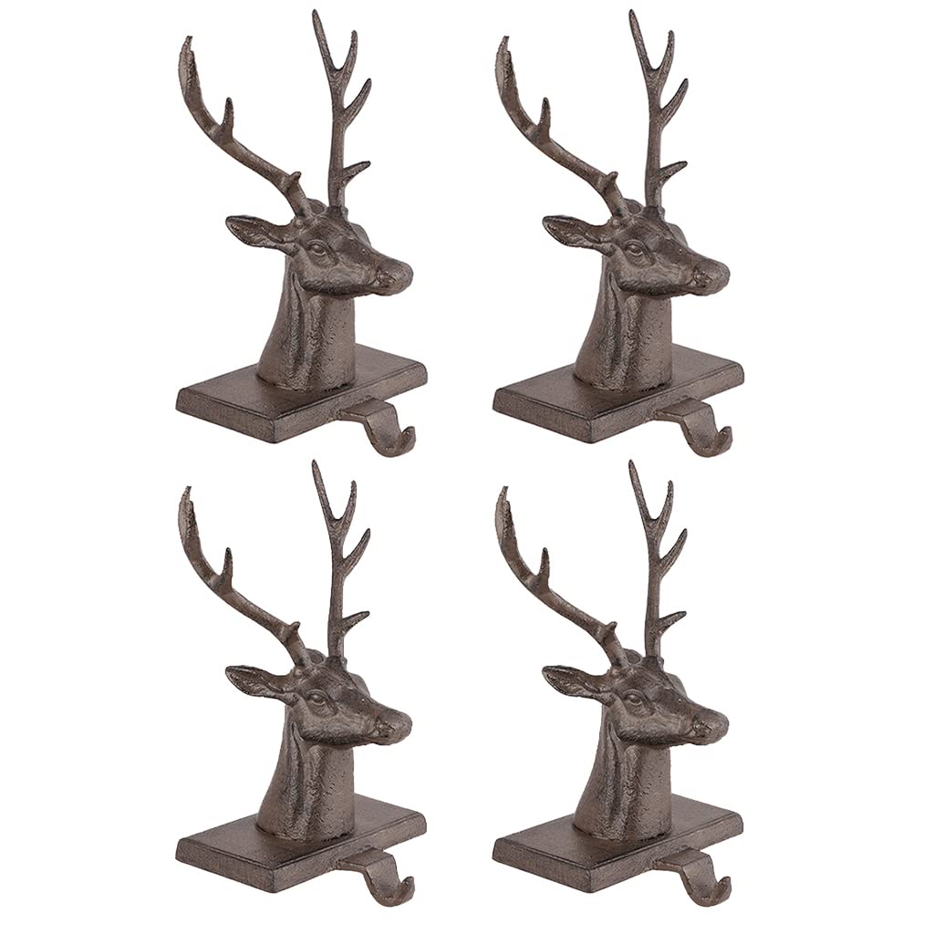 Dibor 4 Cast Iron Brown Reindeer Bust Christmas Stocking Holder Hanging Hooks - 1.4kg Recycled Metal Xmas Stocking Holder