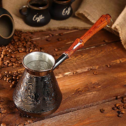 17 Oz Copper Turkish Greek Arabic Engraved Coffee Pot Stovetop Coffee Maker Cezve Ibrik Briki with Wooden Handle