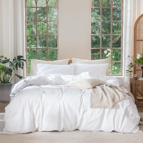 Image of MooMee Duvet Cover Set 100% Washed Cotton Linen Like Queen | Relaxed Linen-like Texture. Soft, Breathable & Long-lasting Comfort. Lightweight. Hidden Zipper with 8 Interior Corner Ties