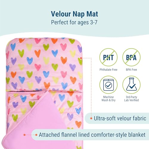 Image of Wildkin Kids Velour Nap Mat for Girls - Soft & Cozy Toddler Sleep Mat with Built-in Blanket for Daycare, Preschool, Kindergarten & Travel, Ages 3-7, Machine Washable - Pink Hearts