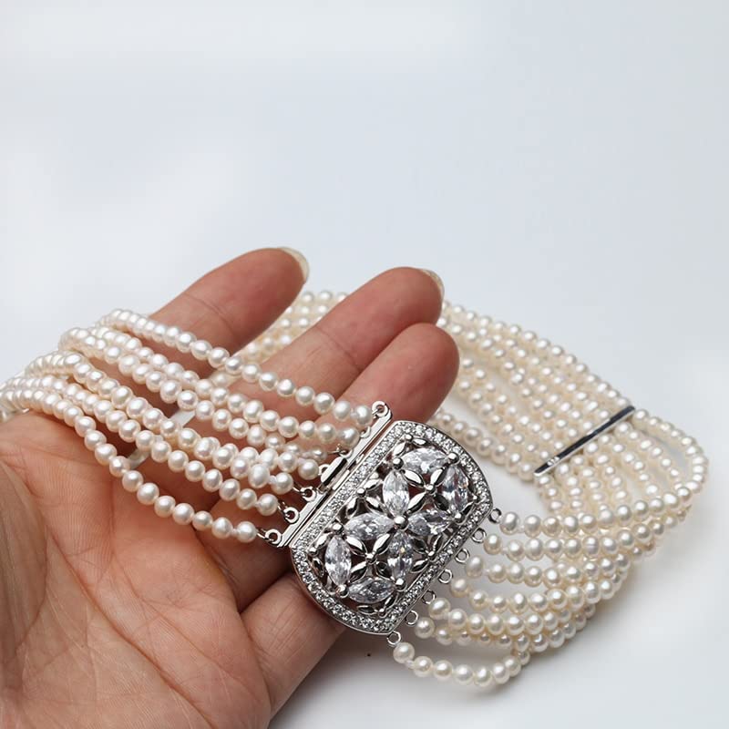 Collana con Vere Perle d'Acqua Dolce Piccole da Donna, Collana Multistrato Bianca A 7 File, Regalo di Fidanzamento, Ciondolo（35Cm）