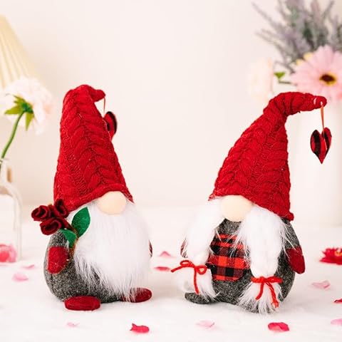 VIVIANYO HD 2PCS Valentine Gnomes Plush 11'' Romantic Couple Swedish Tomte Gnomes with Red Knitting Hat and Holding Red Rose Home Table Decor Sweet Valentines Day Gifts for Him Her Cover