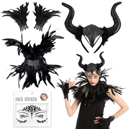 Huahuanghui Gothique Plume Châle Femme, avec Poignets Plumes Naturelles et Cornes de Diable, Ensemble Cape à Plumes Noire, Costume Maléfique pour Femme, pour Halloween Carnaval Cosplay Fête