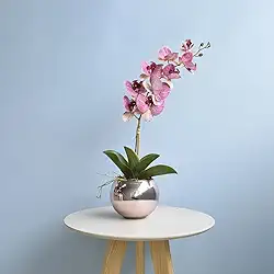 Arranjo de Orquídea Artificial Rosa 3D no Vaso de Vidro Rose Gold Médio