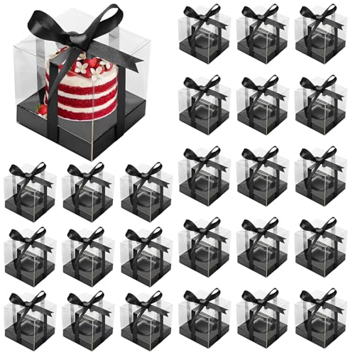 24 Pcs Clear Cupcake Boxes, Clear Plastic Single Cupcake Containers, Foldable Single Cupcake Holders with Inserts and Black Ribbon Multipurpose Cupcake Carrier for Cake Dessert, 3.5 x 3.5 x 3.5 in