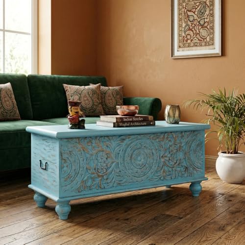 Image of Natura Solid Wood Coffee Table for Living Room Wooden Trunk Box for Storage | Handcrafted Center Table for Living Room with Sandook Storage | Pitara for Home and Bedroom (Blue Distress)