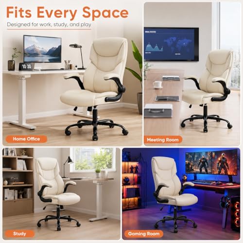 Image of Ergonomic PU Leather Office Chair - Executive Computer Desk Chair with Lumbar Support & Wide Seat, Adjustable Height Task Chair with 360 Swivel & Quiet Wheels for Home Office, Gaming, White