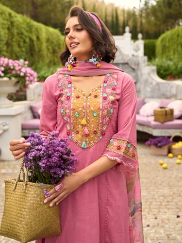 Image of INDO ERA Women's Anarkali Pure Cotton Floral Printed Embroidered Kurta & Pant with Dupatta Set (IEOUT10688)