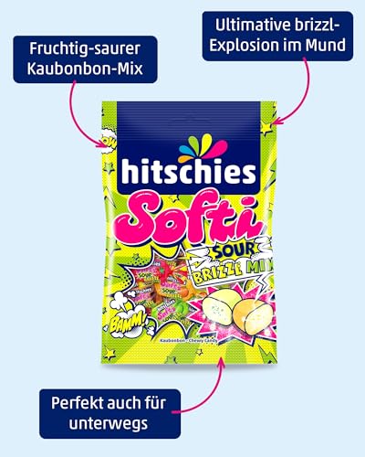 hitschies Softi Sour brizzl Mix - Fruchtig-saure Kaubonbons mit Brausepulver-Kern - Erdbeere, Apfel, Orange & Cola - Glutenfrei & Halal - 16 x 90g