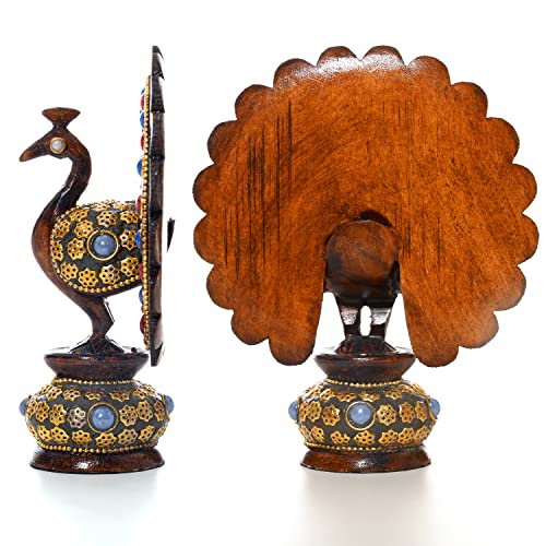 Wooden Dancing Peacock Traditional Indian Rajasthani Home Decoration Table Décor Showpiece & Gifting (Brown Studded Peacock) - Image 4