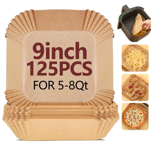 EKACO 9 Inch Air Fryer Liners Disposable-125PCS Square Parchment Paper Liners,Heat Resistant & Non-Stick,Unbleached Liners for Air Fryer,Oven,Roasting,Baking,Microwave(Bottom is 8 Inch)