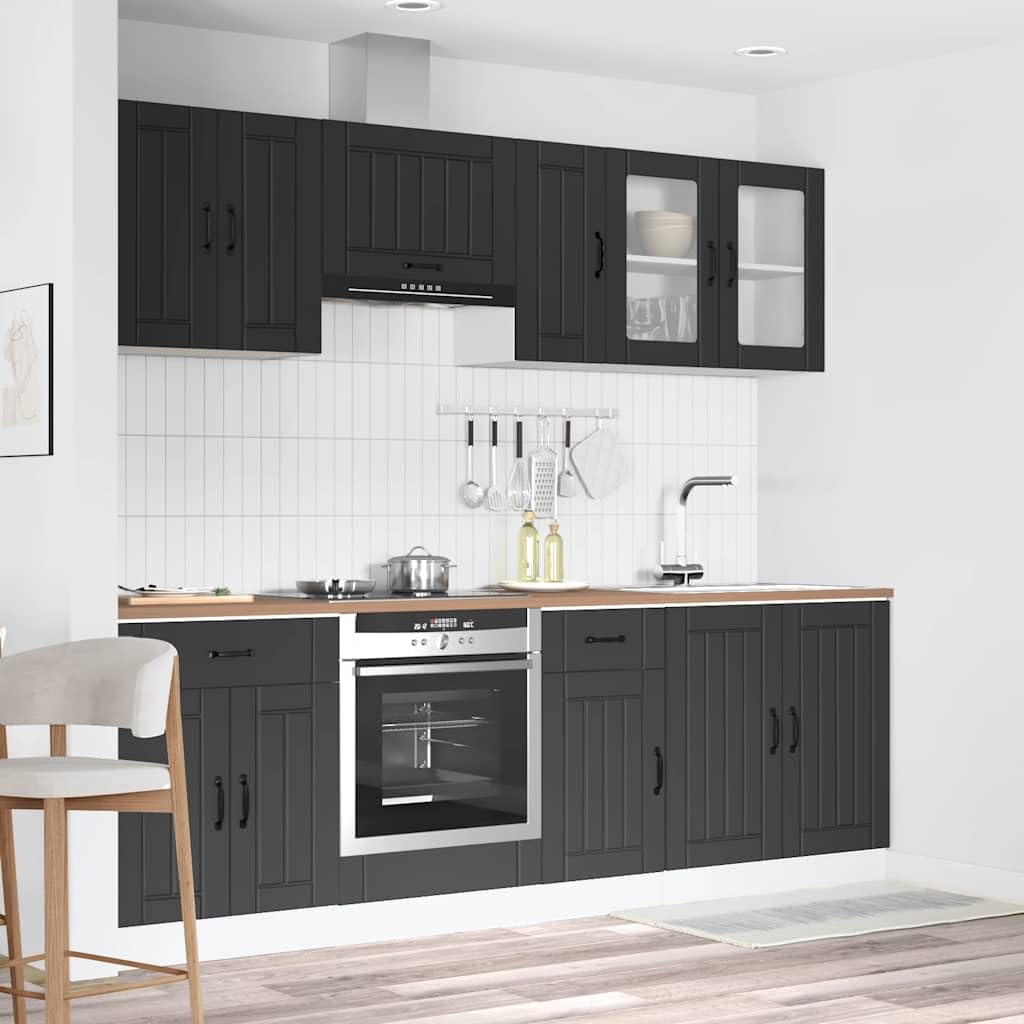 Set Mobili Cucina 8 Pezzi Kalmar Nero Legno Multistrato con Vetro