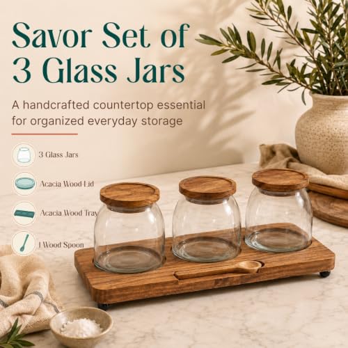 Image of Savor Storage Jar Set - Glass & Acacia Wood with Tray - Multipurpose Storage for Kitchen & Decor (Set of 3)