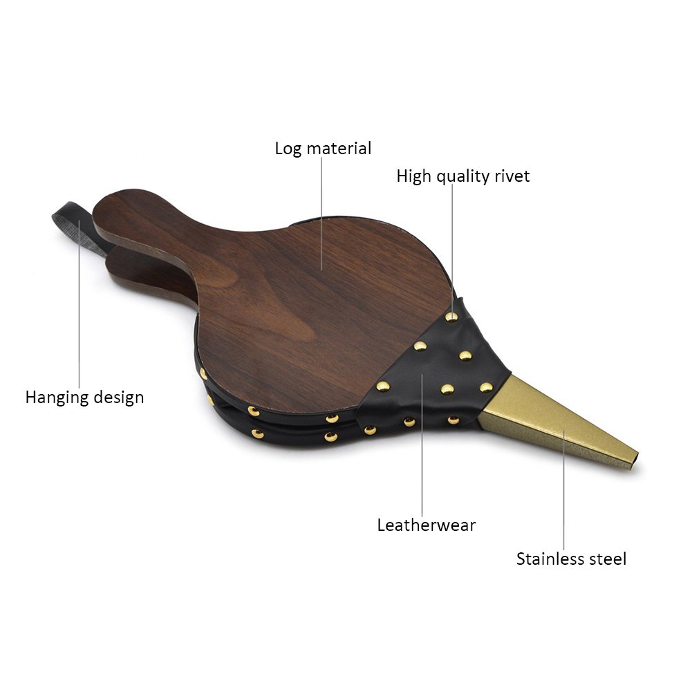 Soffietto in legno per camino, soffietto in pelle, per camini, barbecue e campeggio, con cinturino in pelle appeso, set manuale per barbecue