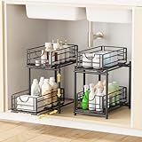 Almaybe Under Sink Organizers and Storage, 2 Packs Metal Adjustable Height Pull Out Cabinet Organizer, for Kitchen Bathroom Organizers and Storage (Black)