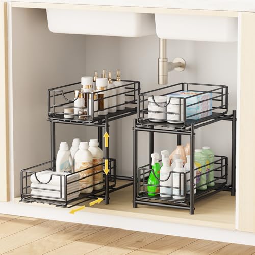 Almaybe Under Sink Organizers and Storage, 2 Packs Metal Adjustable Height Pull Out Cabinet Organizer, for Kitchen Bathroom Organizers and Storage (Black)