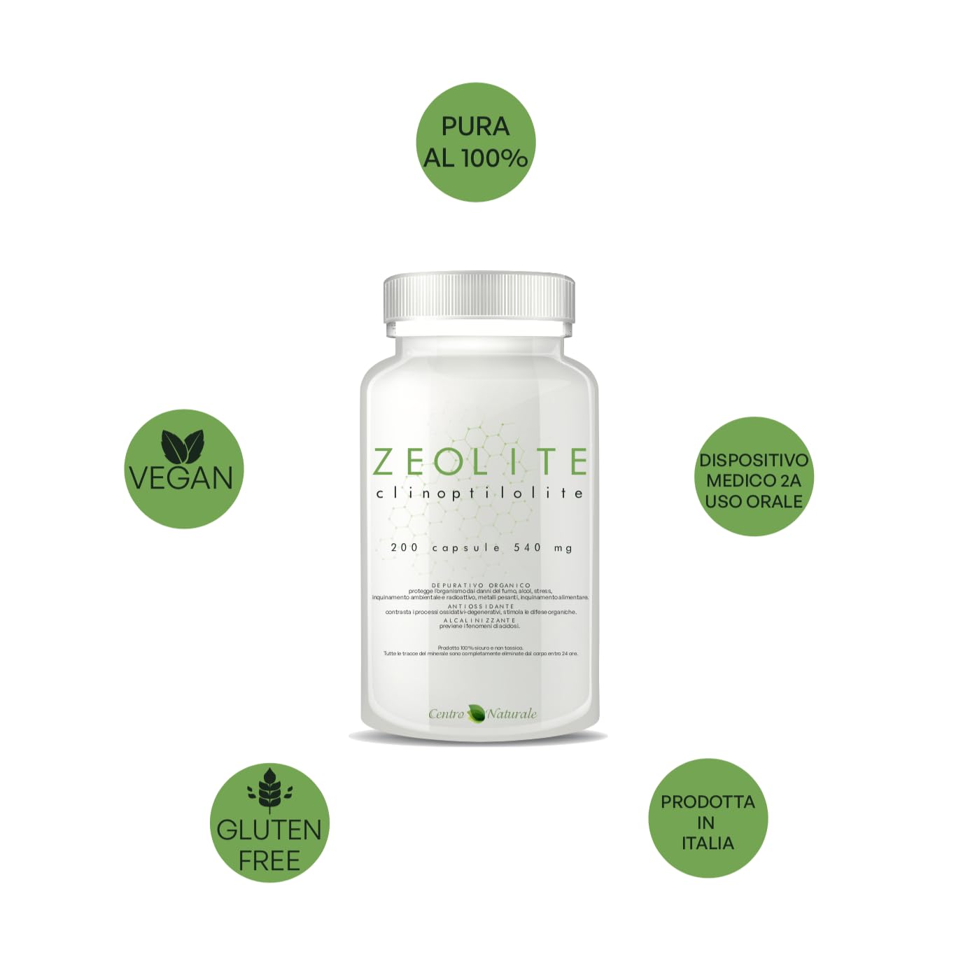 Zeolite Clinoptilolite Attivata pura al 100% - 200 capsule da 540 mg - Dispositivo medico di classe 2a - Certificata uso orale. Prodotta in Italia