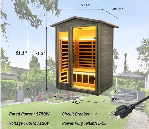 Image of LTCCDSS Carbonized Composite Wood Outdoor Sauna 2-Person - Low EMF Far Infrared Sauna for Home - Bluetooth Speakers, LED Reading Lamps, Chromotherapy Lights (57.8 * 40.5 * 81.1 inch)