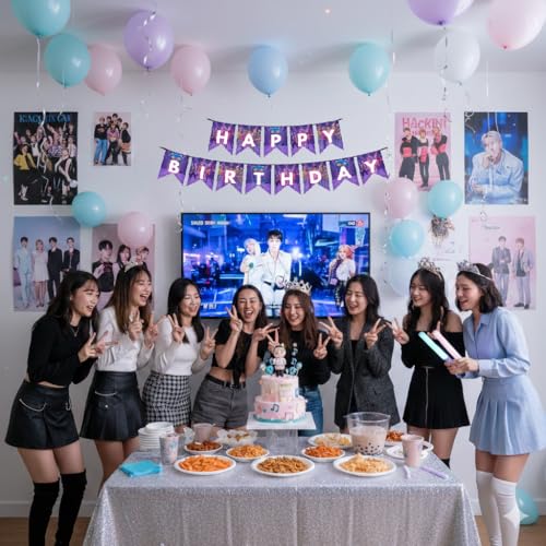 Image of Wanna Party Korean Pop Band Theme Birthday Banner - Korean Pop Party Decoration Banner for Kids, Teens & Fans | Stylish Birthday Backdrop for Celebration Party Supplies