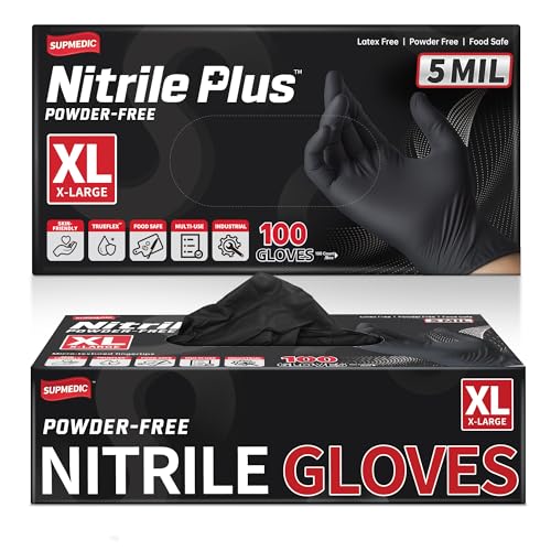 Supmedic Black Nitrile Exam Gloves, 5 Mil Chemical Resistant Powder-Free Food Safe Disposable Medical Glove 100Pcs (X-Large)