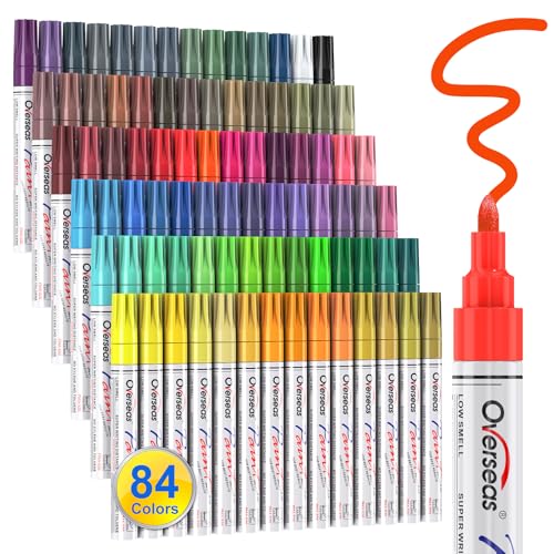 Overseas 84 Colors Paint Pens Oil Based Permanent Markers - Multicolor, Quick Drying, Waterproof, Fade Resistant, Medium Tip Paint Markers for Rock, Wood, Metal, Glass, Plastic, Rubber, Canvas, Paper