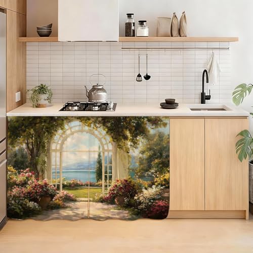Image of Self Adhesive Secret Garden Cabinet Curtain for Mother's Day, 39x28 Inch Lake Scenery Under Sink Skirt No Drill, Spring Cleaning Kitchen Decor, Hook and Loop Laundry Valance