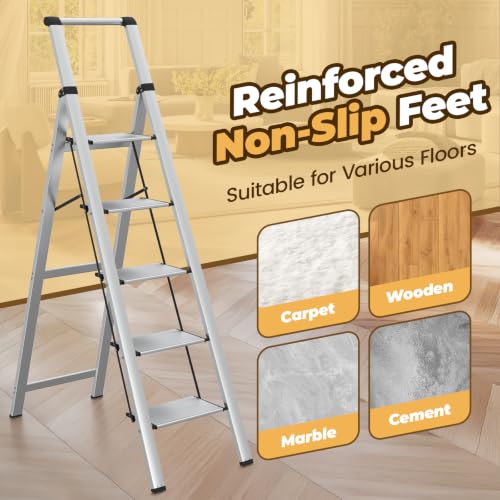 Image of HBTower 5 Step Ladder,Lightweight Aluminum Folding Step Stool with Anti-Slip Wide Pedal,330lbs Capacity Step Ladder for Household,Kitchen,Office - Sliver