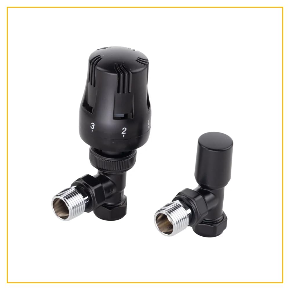 ECO Satin Black Angled TRV Thermostatic Radiator Valve + Lockshield Set - 1/2" Threads - Fits 15mm Pipework