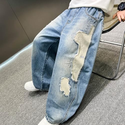 Pantalones vaqueros infantiles holgados cómodos que no aprietan con diseño patchwork recto 7