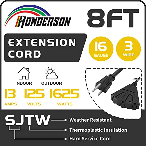 Honderson 2 Pack 8 Ft Outdoor Extension Cord With 3 Electrical Power Outlets - 16/3 Sjtw Durable Black Cable With 3 Prong Grounded Plug For Safety,Ul Listed #TOP1