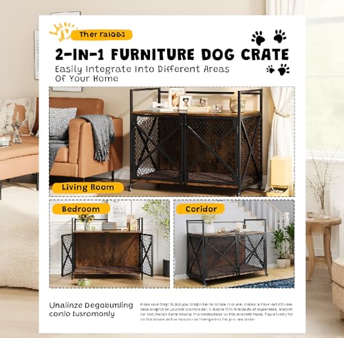 GarveeTech 41 Inch Wooden Dog Crate Furniture, Decorative End Table with Double Doors & Lockable Wheels for Small to Medium Dogs, Brown by GarveeTech - Image 3