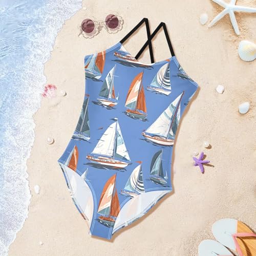 Sailboat Pattern Girls One Piece Swimsuits Summer Quick Dry Beach Bathing Suit3