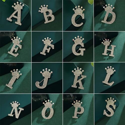 Image of Initial Letter Brooch Pins with Crown for Women Girls Men Boys Personalized Name Brooches Crafts Colorful Rhinestone Brooch Pins Silver A-Z
