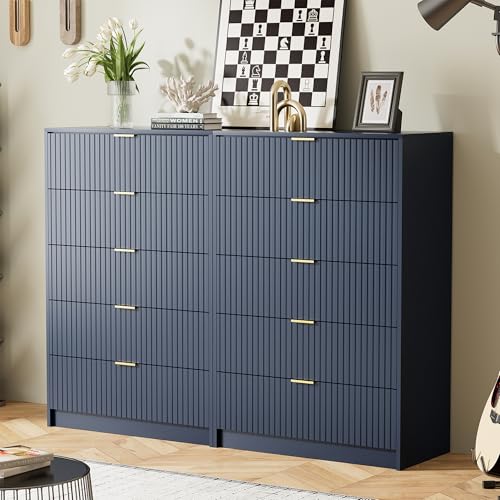 Image of Furniway Blue Dresser for Bedroom, Modern Dresser with 5 Drawers and Smooth Slides, Wide Chest of Drawers with Golden Handles for Bedroom, Living Room, Closet, 15.7 inch D x 31.5 inch W x 47.2 inch H