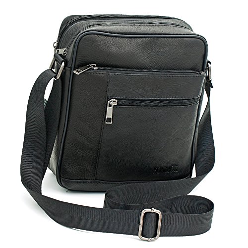Small Genuine Leather Cross Body Messenger Bags Satchel Shoulder Bag for Men Black