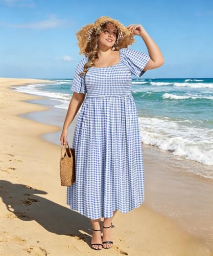 Image of RITERA Plus Size Dresses for Curvy Women Square Neck Short Sleeve Summer Floral Smocked Maxi Dress with Pocket XL-5XL