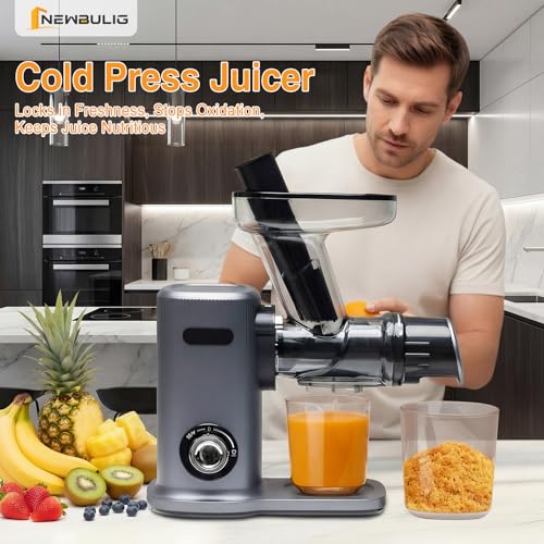 Image of NEWBULIG Cold Press Juicer, Slow Masticating with 5.9 inch Feed Chute | Reverse Function, Dishwasher-Safe, BPA-Free, High Juice Yield, for Whole Vegetables & Fruits, Silver