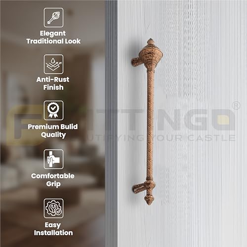 Image of Royal Gada Door Handle for Main Door /16 Inch Traditional Main Door Handle /Pull Push Handle for Home /Office /Hotels Doors - (Hole to Hole 300mm, Pack of 1) - PVD Rose Gold- 3 Years Warranty