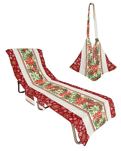Christmas Red Beach Chair Towel Covers for Chaise Lounge with Side Pocket, Soft Plush Pool Towels Cover for Patio Sunbathing Outdoor 29''x85'' Xmas Flower Poin-settia Winter Snowflakes
