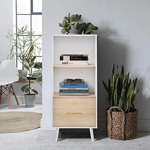 Giluta Mid-Century Bookcase With Drawer, 2-Tier Bookshelf Wine Cupboard Storage Cabinet, Record Player Stand, Kitchen Sideboard Buffet Cabinet For Small Space In White And Oak Finish #TOP15